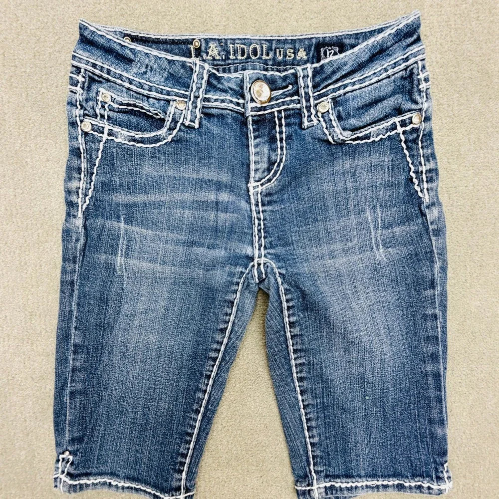 LA Idol USA Womens Denim Bermuda Shorts Blue Thick Stitch Rhinestone Size 12